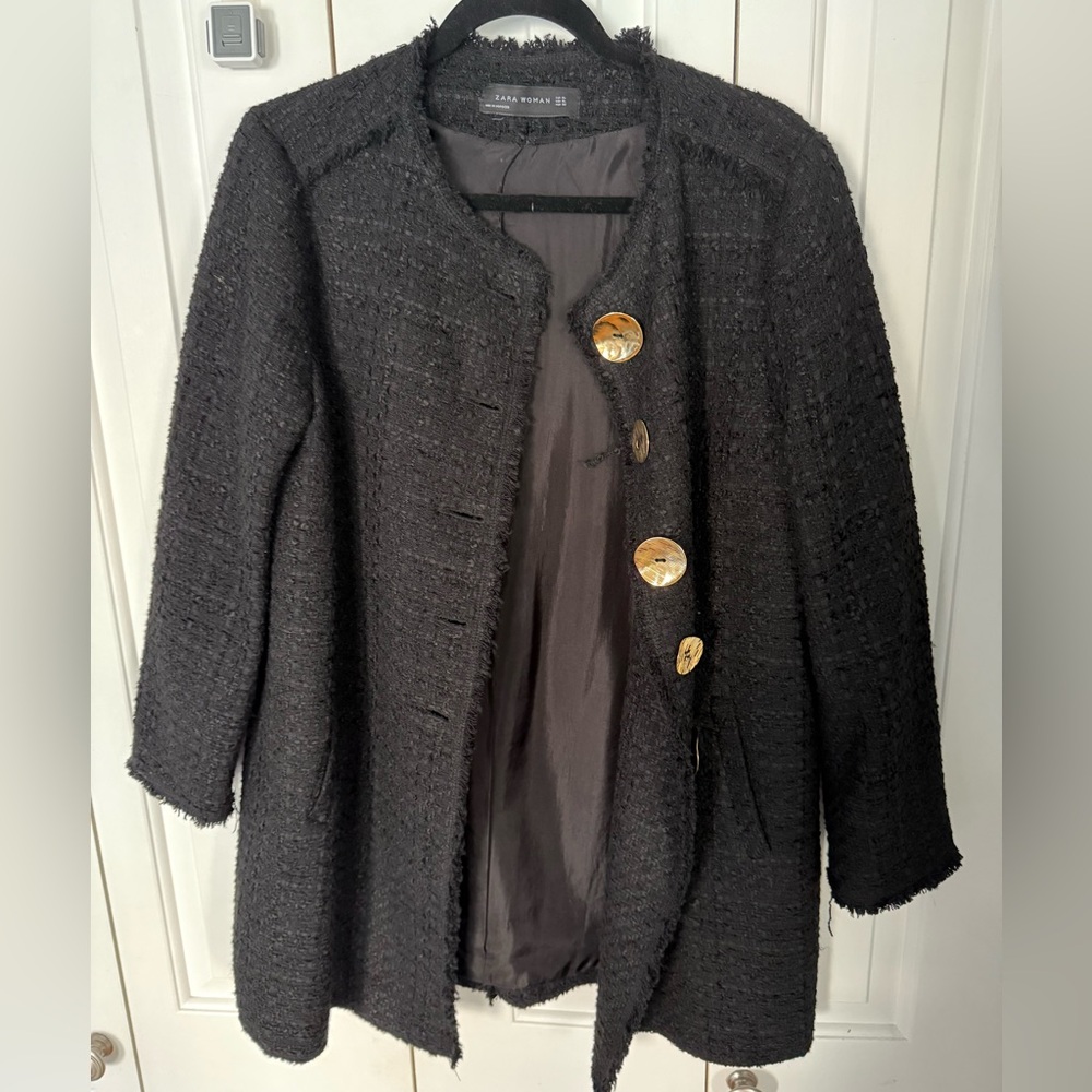 Zara Black Tweed Blazer Jacket with Gold Buttons